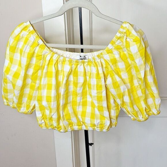 Color Me Courtney Kris Yellow Gingham Off Shoulder Puff Sleeve Crop Top Size Sma - Picture 2 of 6